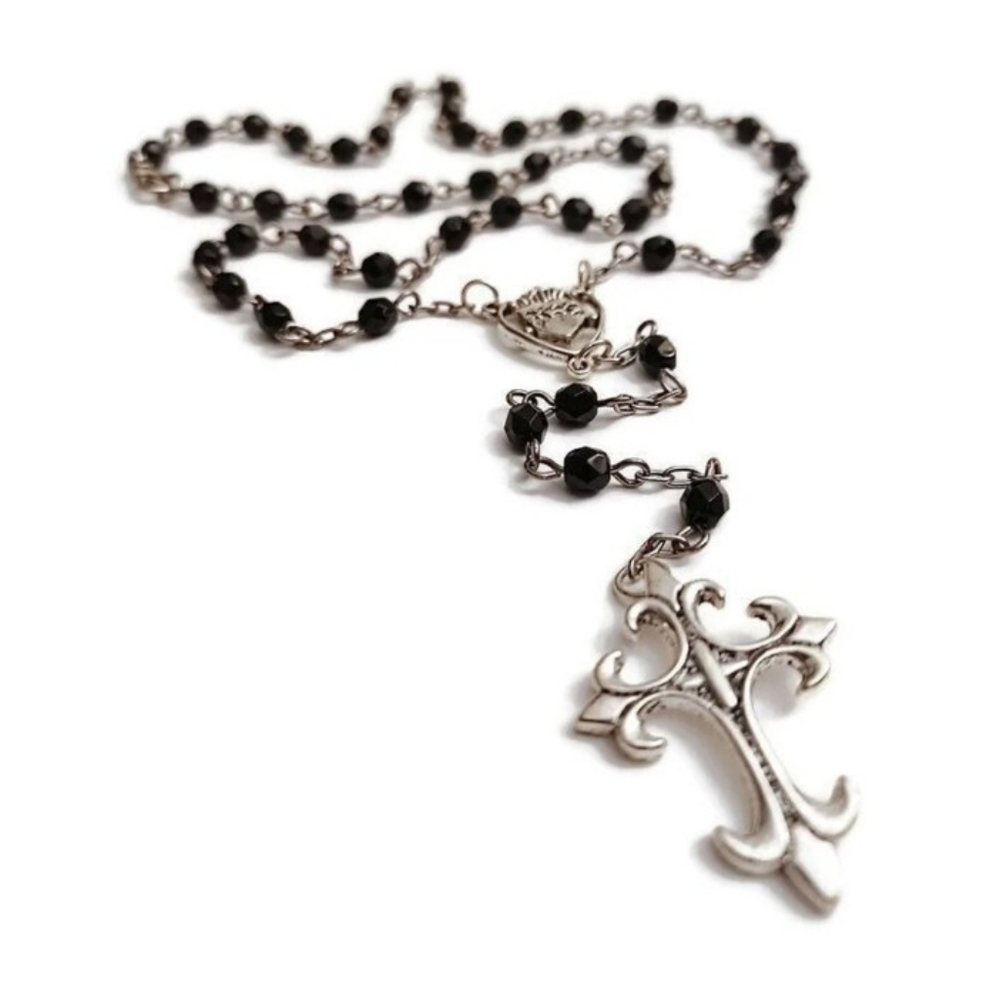 Gothic Victorian Black & Silver Rosary HAND MADE by Vexed Jewelry Goth Necklace